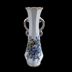 Vintage Floral Ceramic Vase with Gold Trim, 6.5" Tall, Blue and Yellow Flowers,